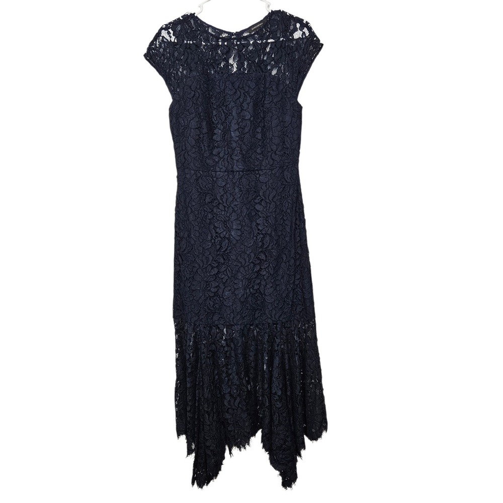 Banana Republic Midi Dress 4 Asymmetrical Hem Cap Sleeve Navy Blue Lace 267690